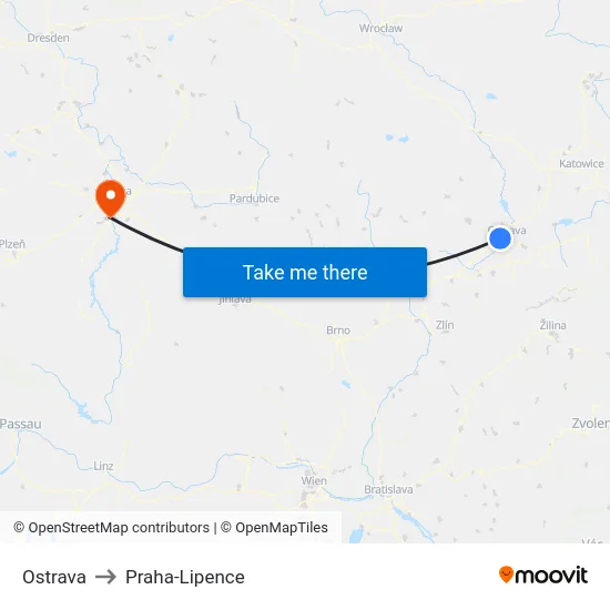 Ostrava to Praha-Lipence map