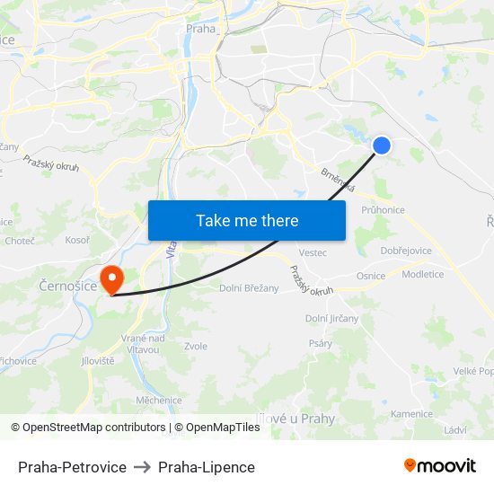 Praha-Petrovice to Praha-Lipence map