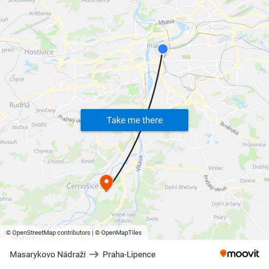 Masarykovo Nádraží to Praha-Lipence map