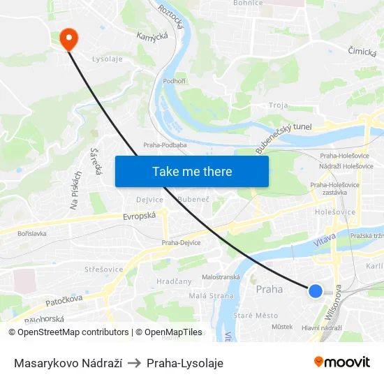Masarykovo Nádraží to Praha-Lysolaje map