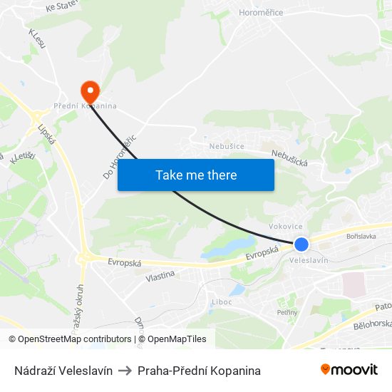 Nádraží Veleslavín to Praha-Přední Kopanina map