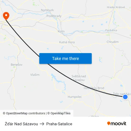 Žďár Nad Sázavou to Praha-Satalice map