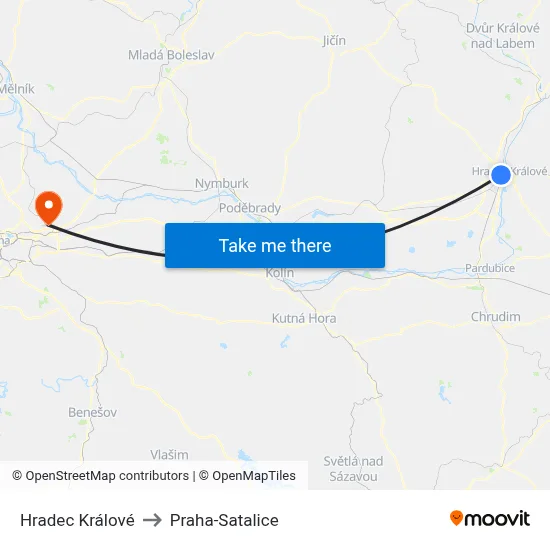 Hradec Králové to Praha-Satalice map