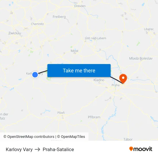 Karlovy Vary to Praha-Satalice map