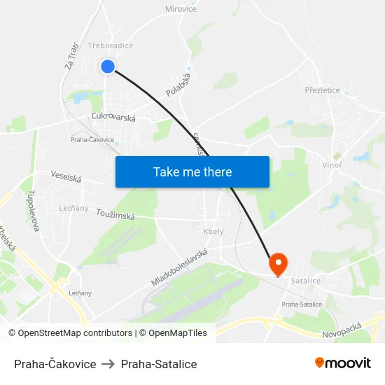 Praha-Čakovice to Praha-Satalice map