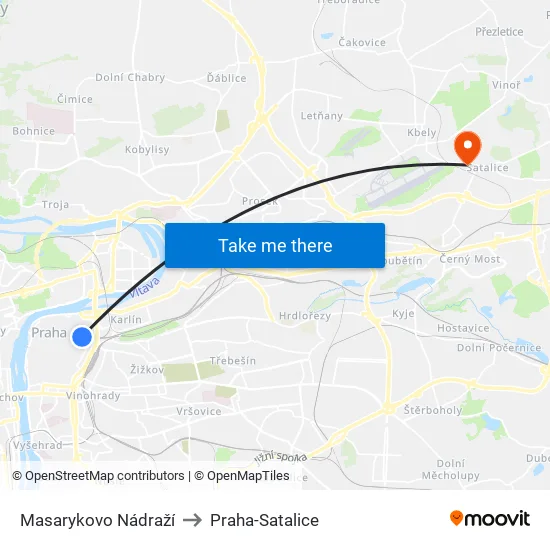 Masarykovo Nádraží to Praha-Satalice map