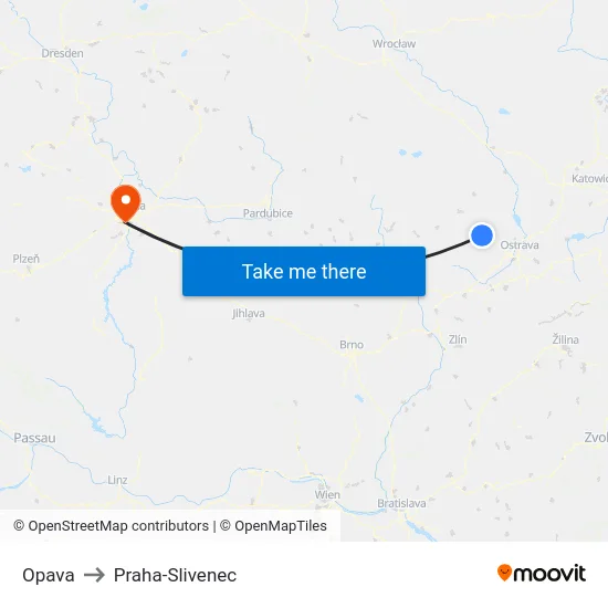 Opava to Praha-Slivenec map
