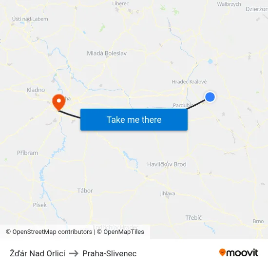 Žďár Nad Orlicí to Praha-Slivenec map