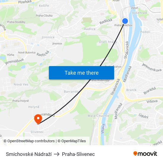 Smíchovské Nádraží to Praha-Slivenec map