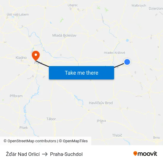 Žďár Nad Orlicí to Praha-Suchdol map