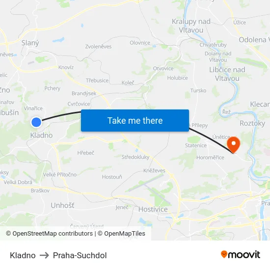 Kladno to Praha-Suchdol map
