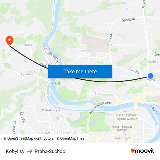 Kobylisy to Praha-Suchdol map