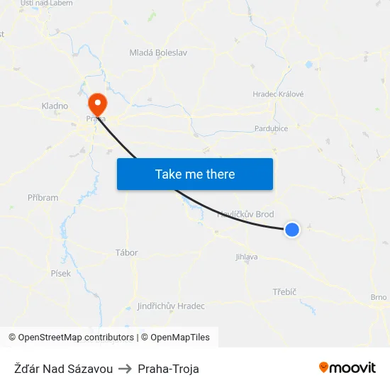Žďár Nad Sázavou to Praha-Troja map