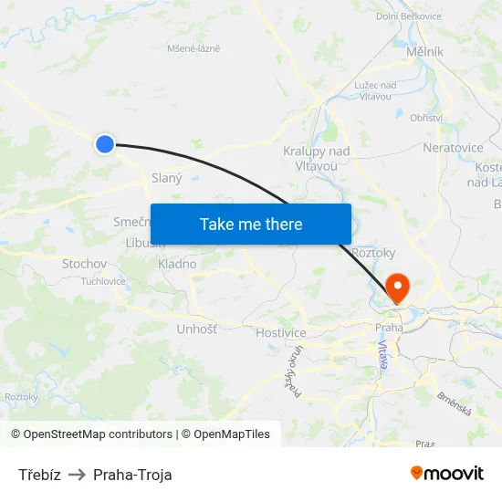 Třebíz to Praha-Troja map