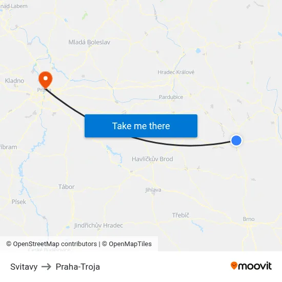 Svitavy to Praha-Troja map