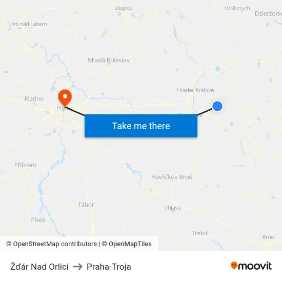 Žďár Nad Orlicí to Praha-Troja map