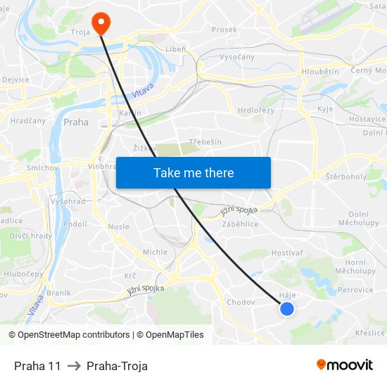 Praha 11 to Praha-Troja map