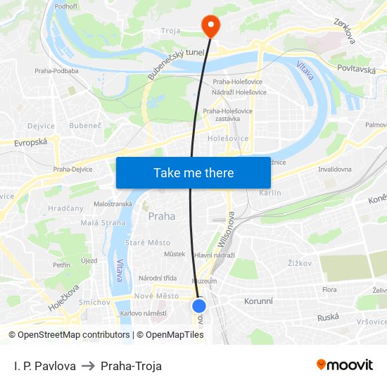 I. P. Pavlova to Praha-Troja map