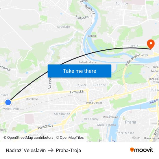 Nádraží Veleslavín to Praha-Troja map