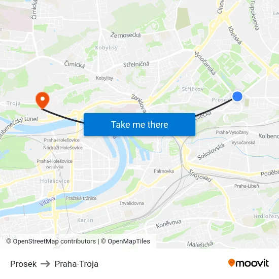 Prosek to Praha-Troja map