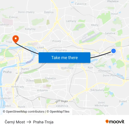 Černý Most to Praha-Troja map