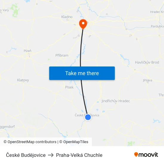 České Budějovice to Praha-Velká Chuchle map