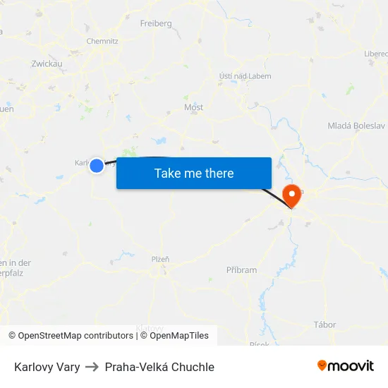 Karlovy Vary to Praha-Velká Chuchle map