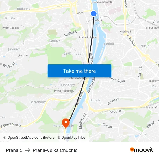 Praha 5 to Praha-Velká Chuchle map