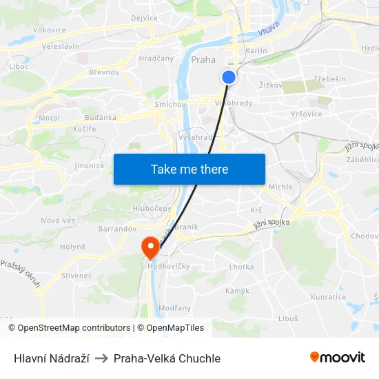 Hlavní Nádraží to Praha-Velká Chuchle map