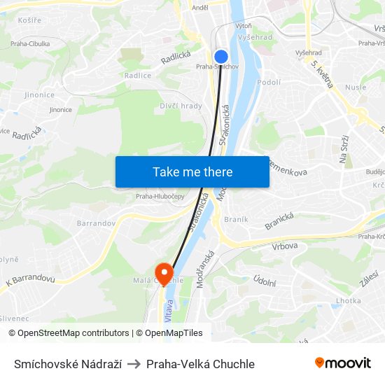 Smíchovské Nádraží to Praha-Velká Chuchle map