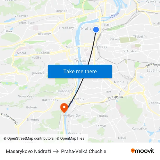 Masarykovo Nádraží to Praha-Velká Chuchle map