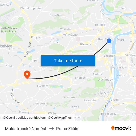 Malostranské Náměstí (B) to Praha-Zličín map