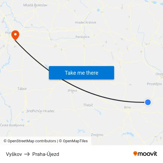 Vyškov to Praha-Újezd map