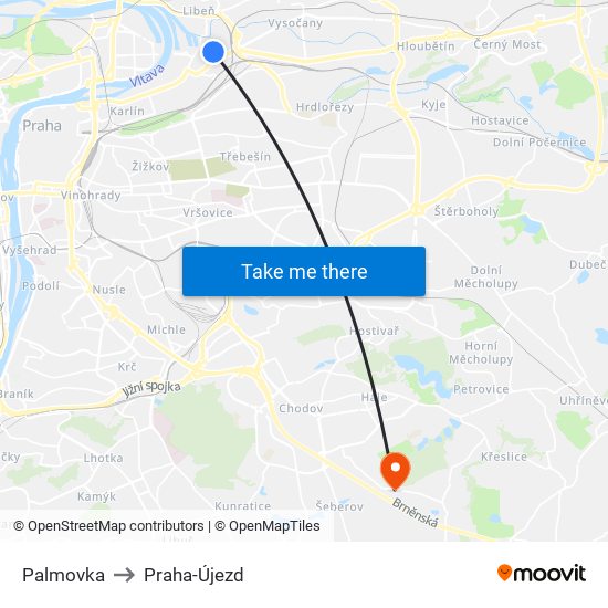 Palmovka to Praha-Újezd map