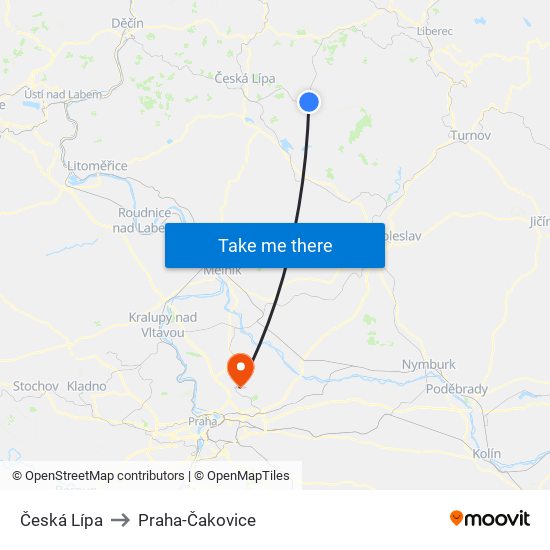 Česká Lípa to Praha-Čakovice map