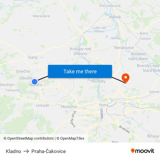 Kladno to Praha-Čakovice map