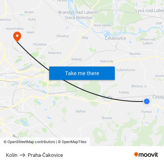 Kolín to Praha-Čakovice map