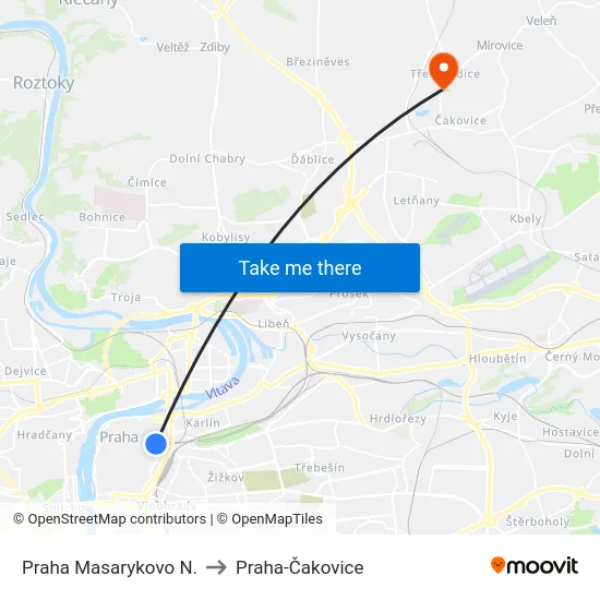 Praha Masarykovo N. to Praha-Čakovice map