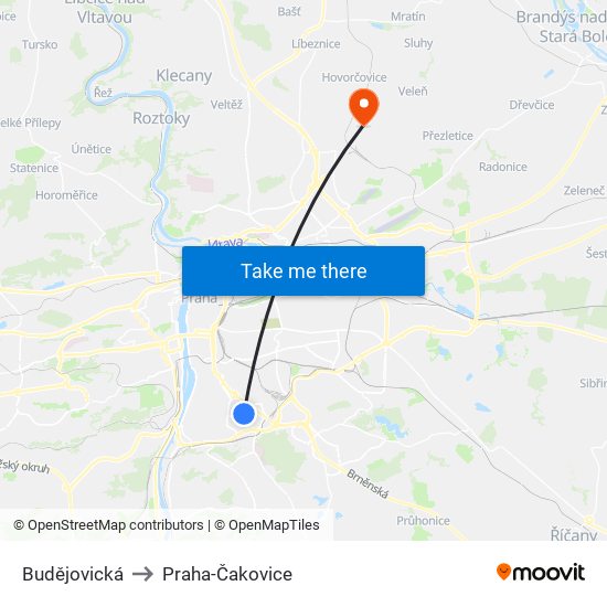 Budějovická to Praha-Čakovice map