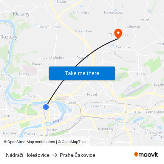 Nádraží Holešovice to Praha-Čakovice map