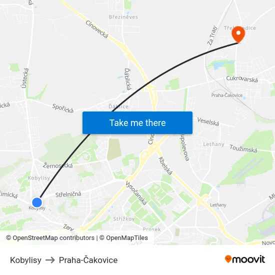 Kobylisy to Praha-Čakovice map
