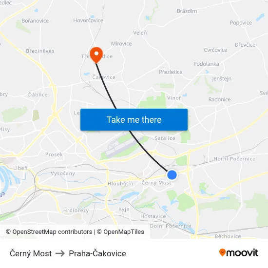 Černý Most to Praha-Čakovice map