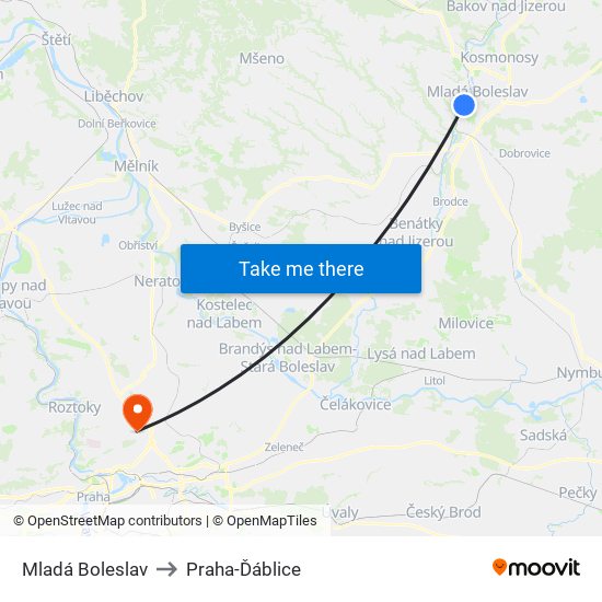 Mladá Boleslav to Praha-Ďáblice map