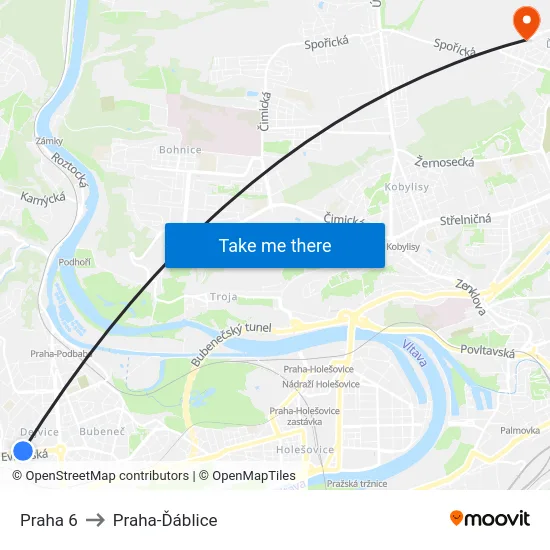 Praha 6 to Praha-Ďáblice map