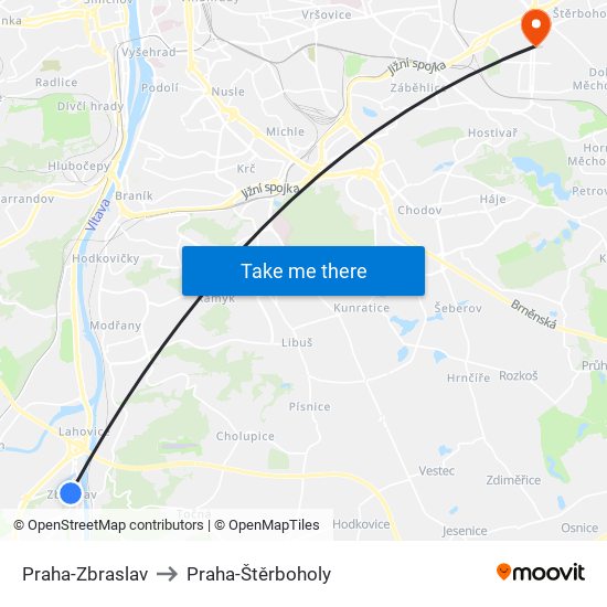 Praha-Zbraslav to Praha-Štěrboholy map