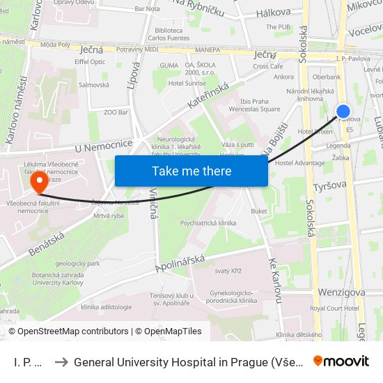 I. P. Pavlova to General University Hospital in Prague (Všeobecná fakultní nemocnice v Praze) map