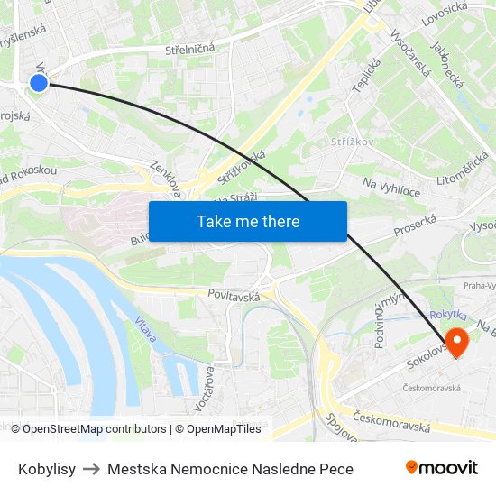 Kobylisy to Mestska Nemocnice Nasledne Pece map