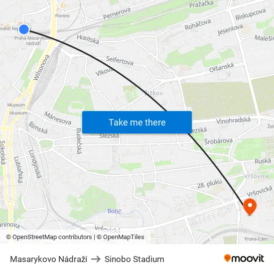 Masarykovo Nádraží to Sinobo Stadium map