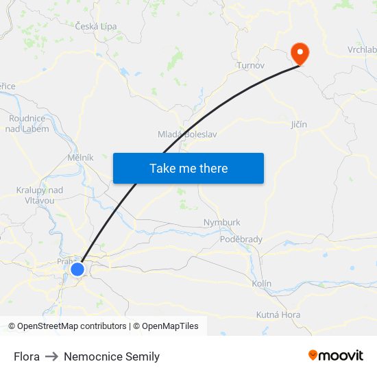 Flora to Nemocnice Semily map