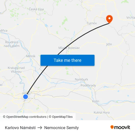 Karlovo Náměstí to Nemocnice Semily map
